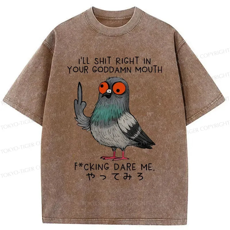 Kyoto-Lion Angry Pigeon Funny Washed T-Shirt