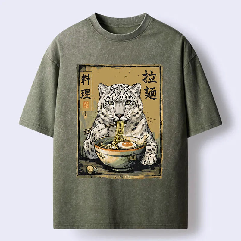 Kyoto-Lion Ramen Snow Leopard Meme Washed T-Shirt