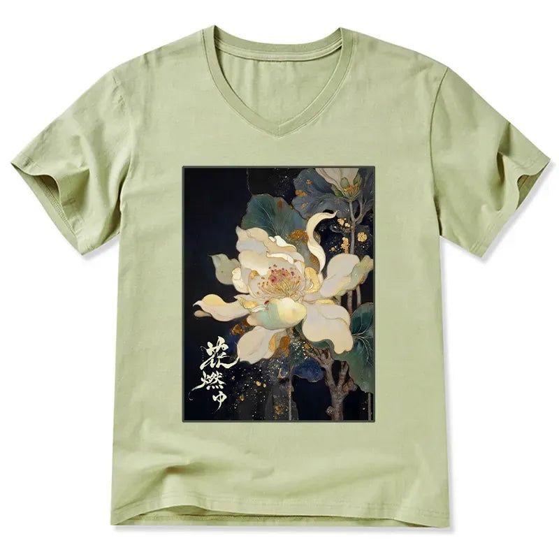 Kyoto-Lion Lotus Adorned With Golden Specks V-Neck Classic T-Shirt