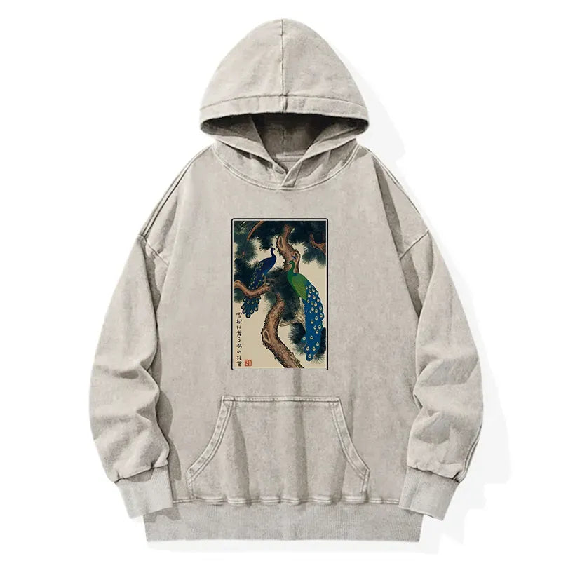 Kyoto-Lion Peacocks in Snowy Pines Washed Hoodie