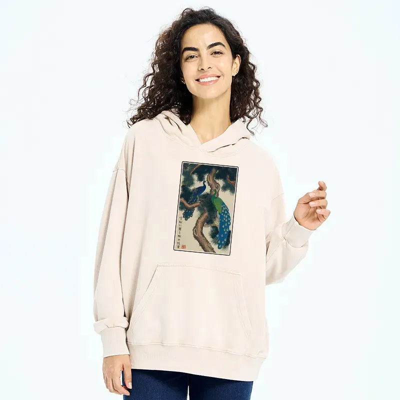 Kyoto-Lion Peacocks in Snowy Pines Washed Hoodie
