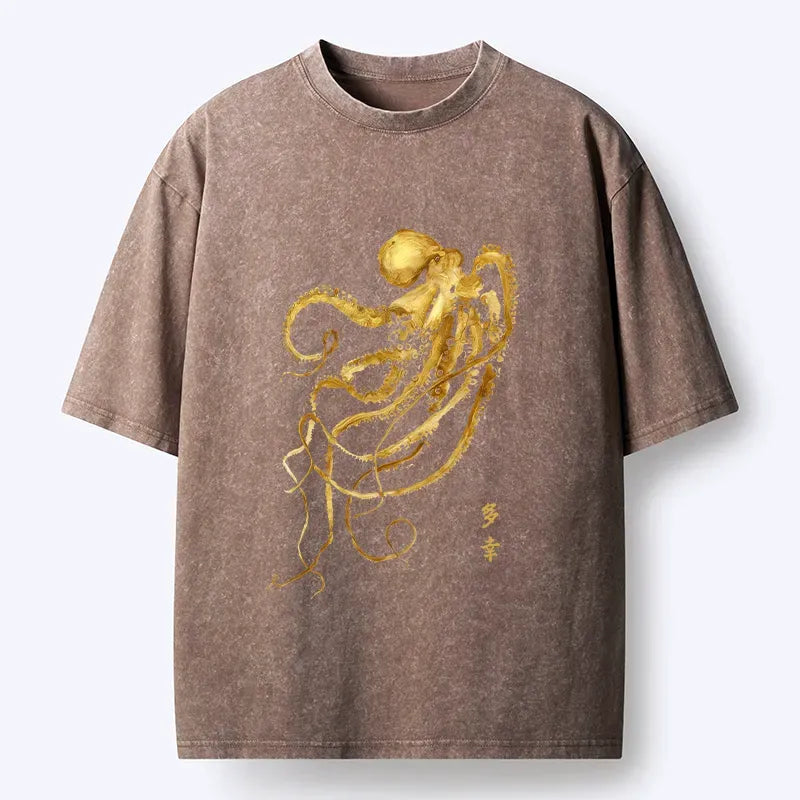 Japanese Octopus Ink Painting Washed T-Shirt for Daily Wear