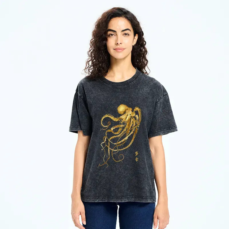 Japanese Octopus Ink Painting Washed T-Shirt for Daily Wear