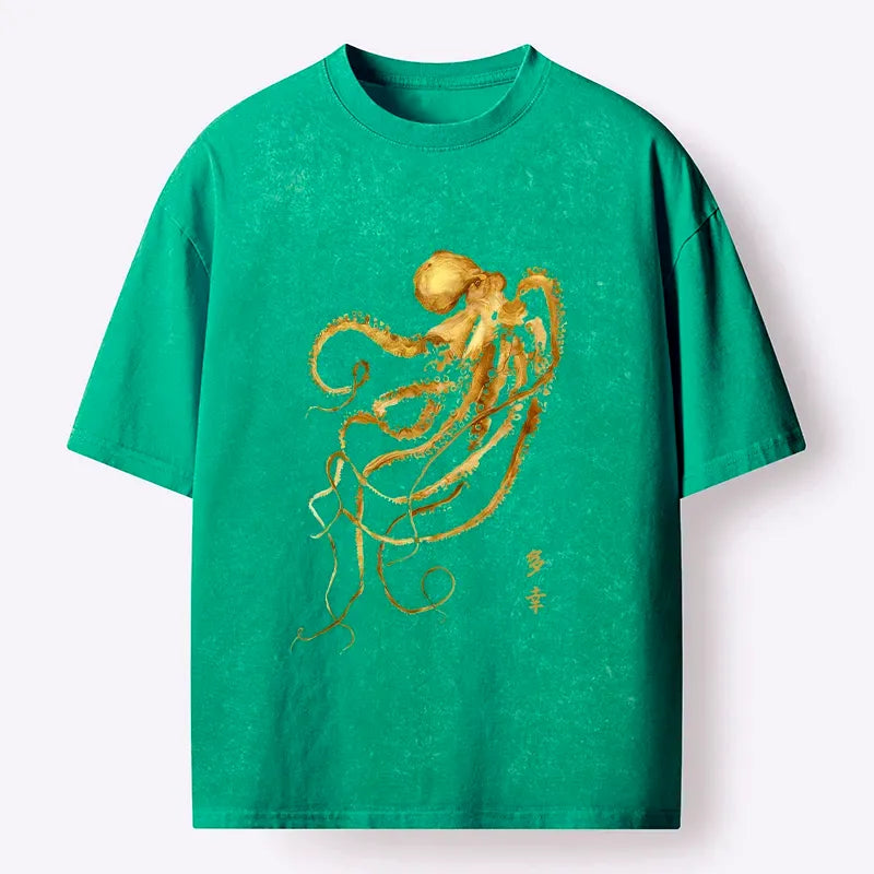 Kyoto-Lion Japan Octopus Ink Painting Washed T-Shirt