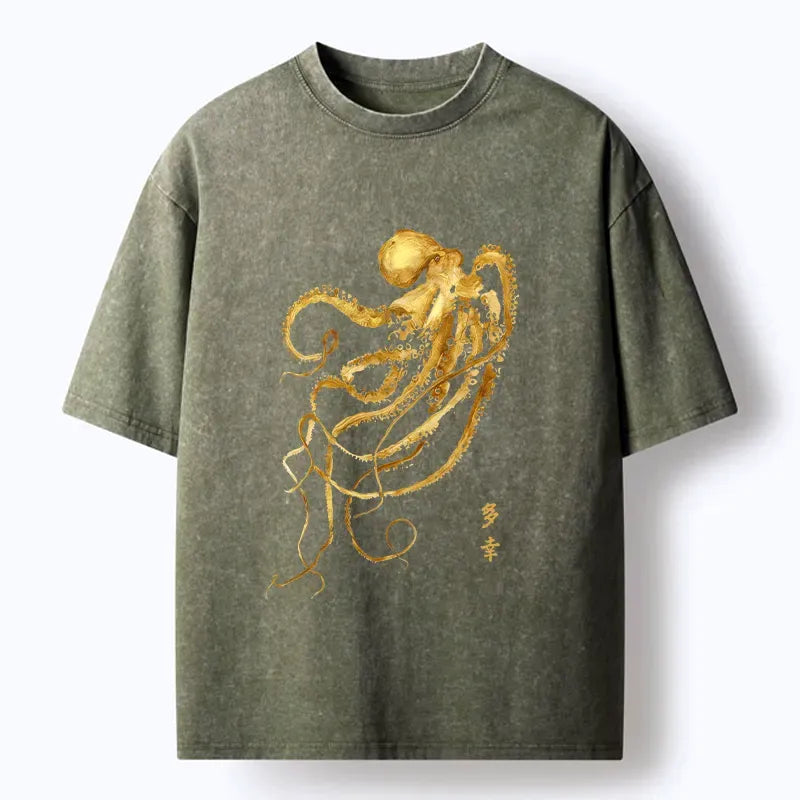 Kyoto-Lion Japan Octopus Ink Painting Washed T-Shirt