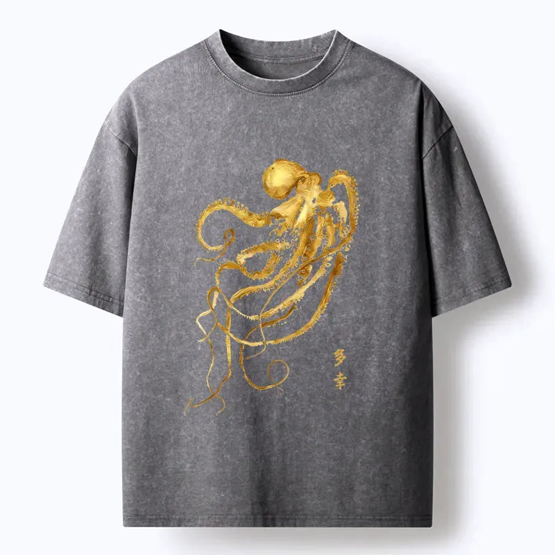 Japanese Octopus Ink Painting Washed T-Shirt for Daily Wear