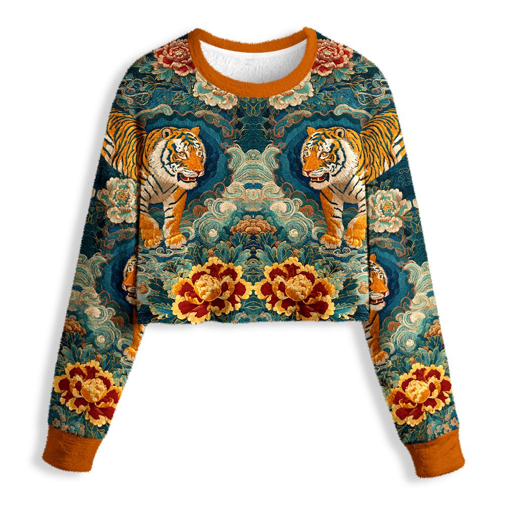 Kyoto-Lion Imperial Tiger Tapestry Special Version Women's Fuzzy Cropped Sweatshirt