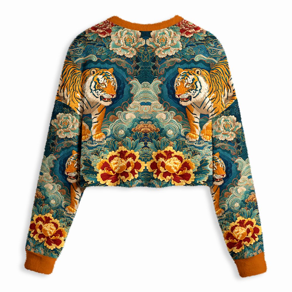 Kyoto-Lion Imperial Tiger Tapestry Special Version Women's Fuzzy Cropped Sweatshirt