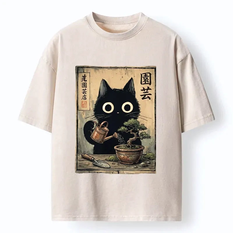 Kyoto-Lion Black Cat Watering Bonsai Tree Washed T-Shirt
