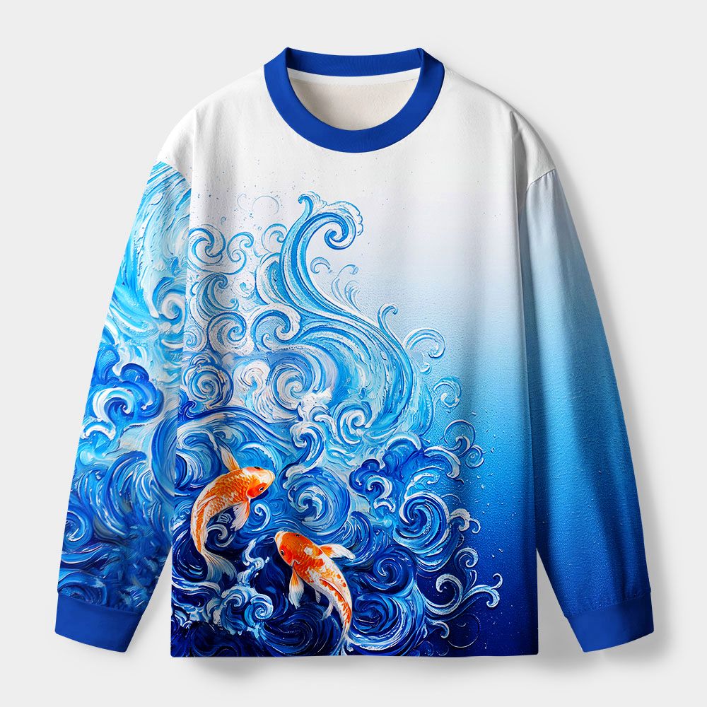 Kyoto-Lion Van Gogh's Wave Red Koi Eco-Friendly Long Sleeve T-Shirt