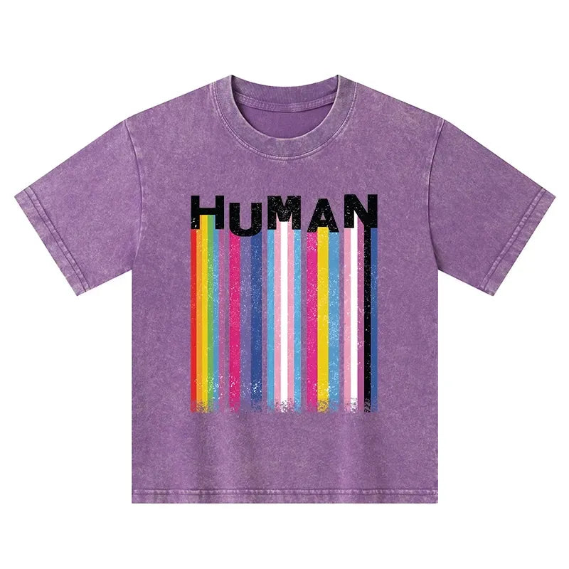 Kyoto-Lion Rainbow Stripes Human Pride Kids Washed T-Shirt
