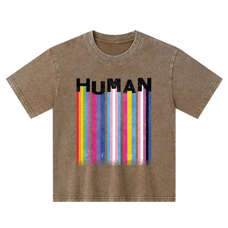 Kyoto-Lion Rainbow Stripes Human Pride Kids Washed T-Shirt