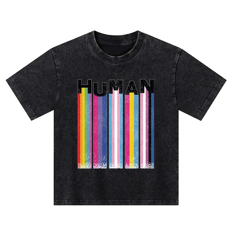 Kyoto-Lion Rainbow Stripes Human Pride Kids Washed T-Shirt