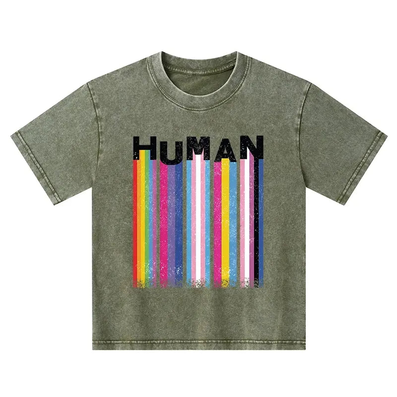Kyoto-Lion Rainbow Stripes Human Pride Kids Washed T-Shirt