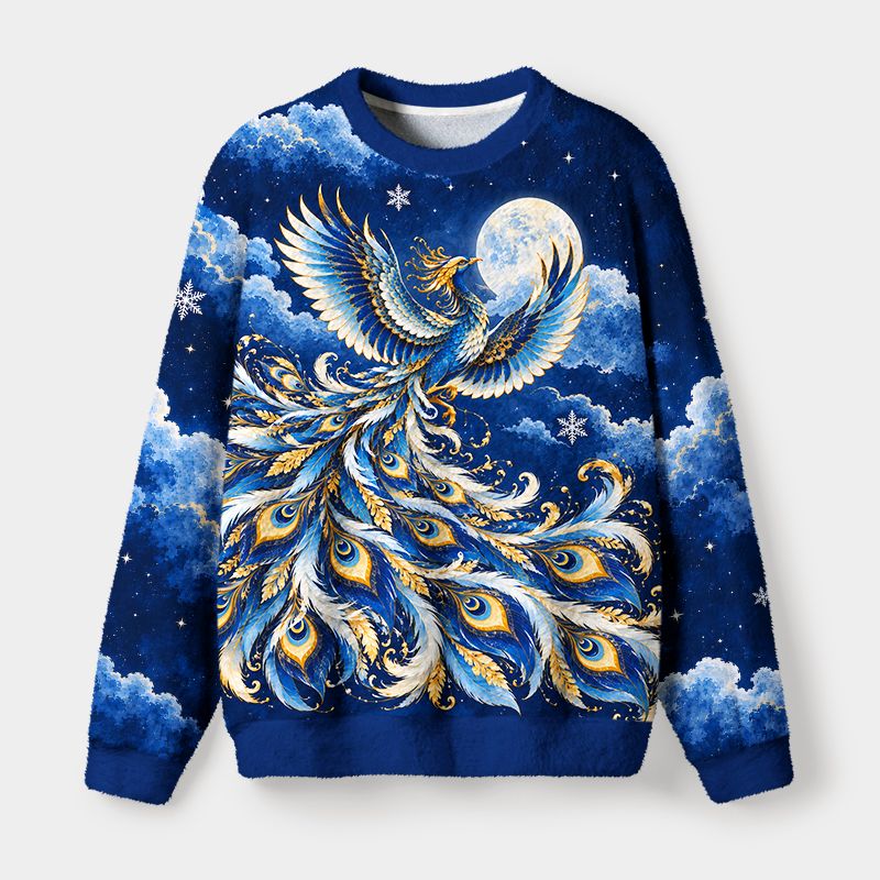 Kyoto-Lion Blue Golden Night Phoenix Fuzzy Christmas Ugly Sweatshirt