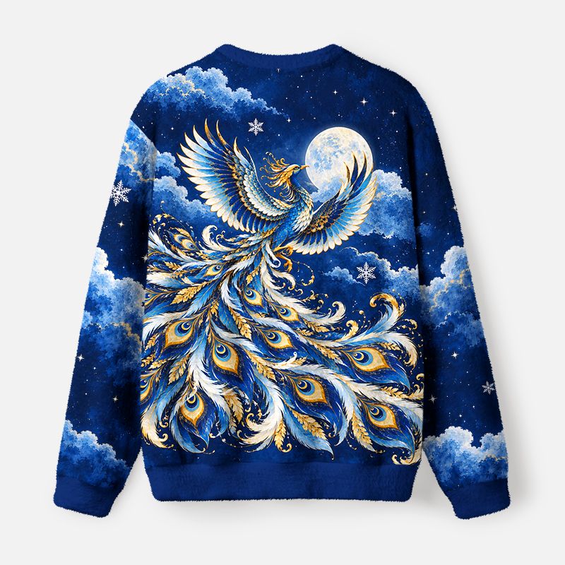 Kyoto-Lion Blue Golden Night Phoenix Fuzzy Christmas Ugly Sweatshirt