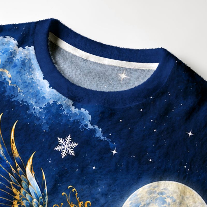Kyoto-Lion Blue Golden Night Phoenix Fuzzy Christmas Ugly Sweatshirt