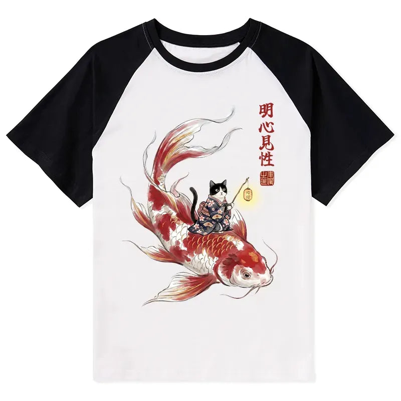 Japanese Kimono Cat Koi Fish Raglan T-shirt