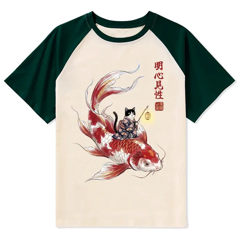Japanese Kimono Cat Koi Fish Raglan T-shirt