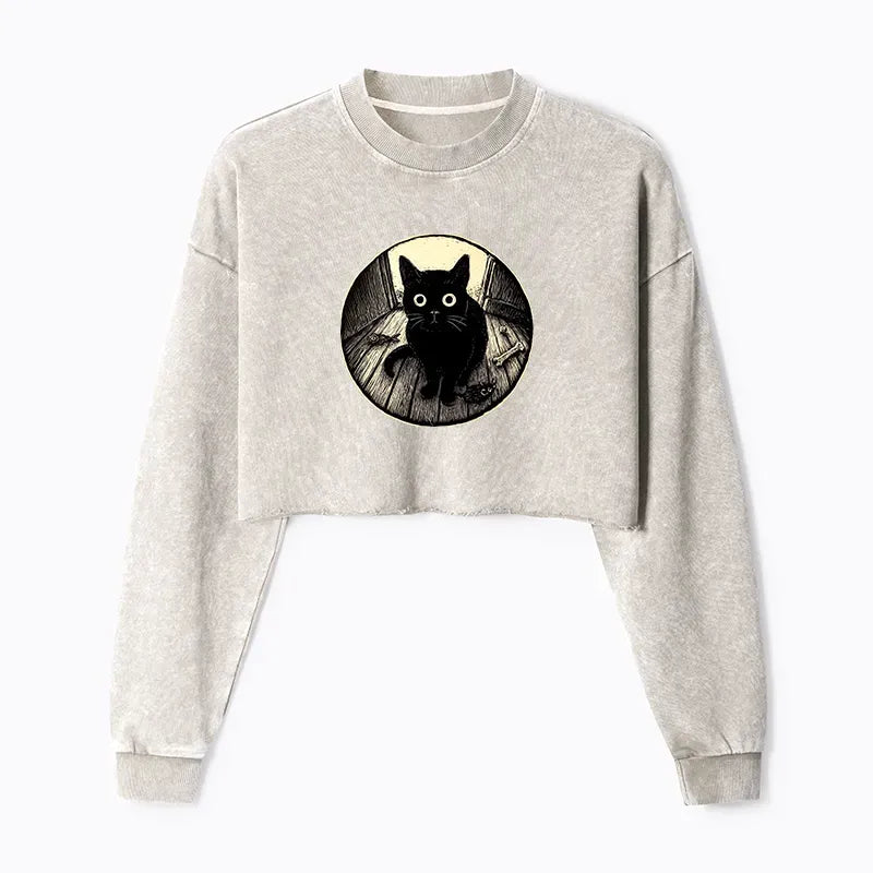Kyoto-Lion Waiting Black Cat Washed Crop Sweatshirt
