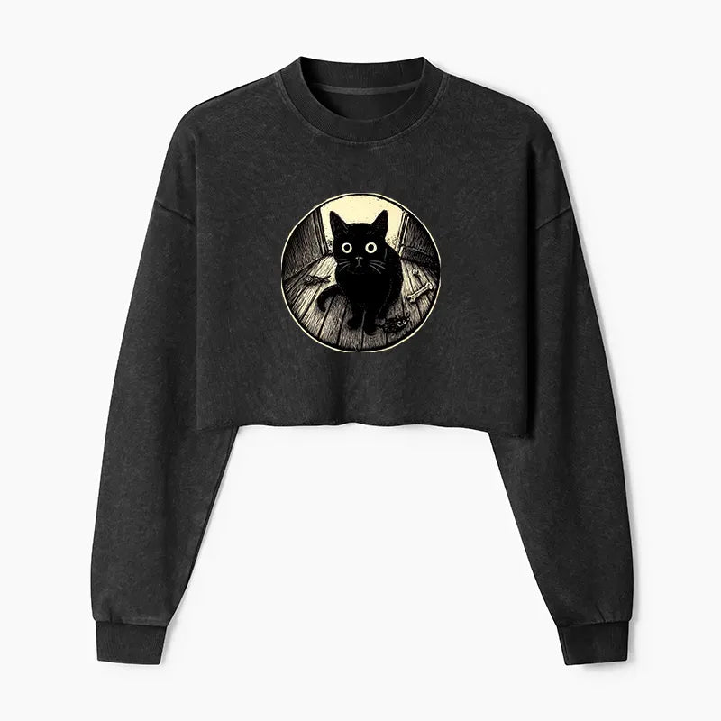 Kyoto-Lion Waiting Black Cat Washed Crop Sweatshirt