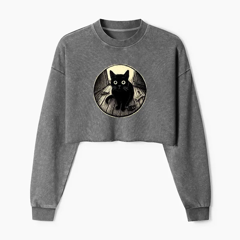 Japanese Black Cat Washed Crop Sweatshirt
