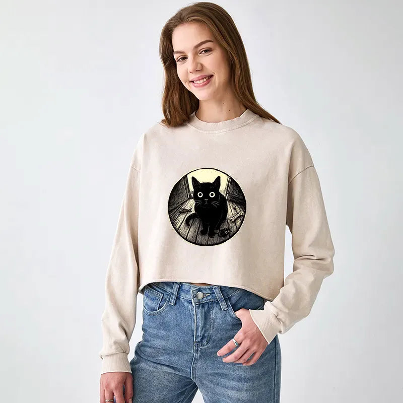 Soft Cotton Cat Crop Sweatshirt On Sale