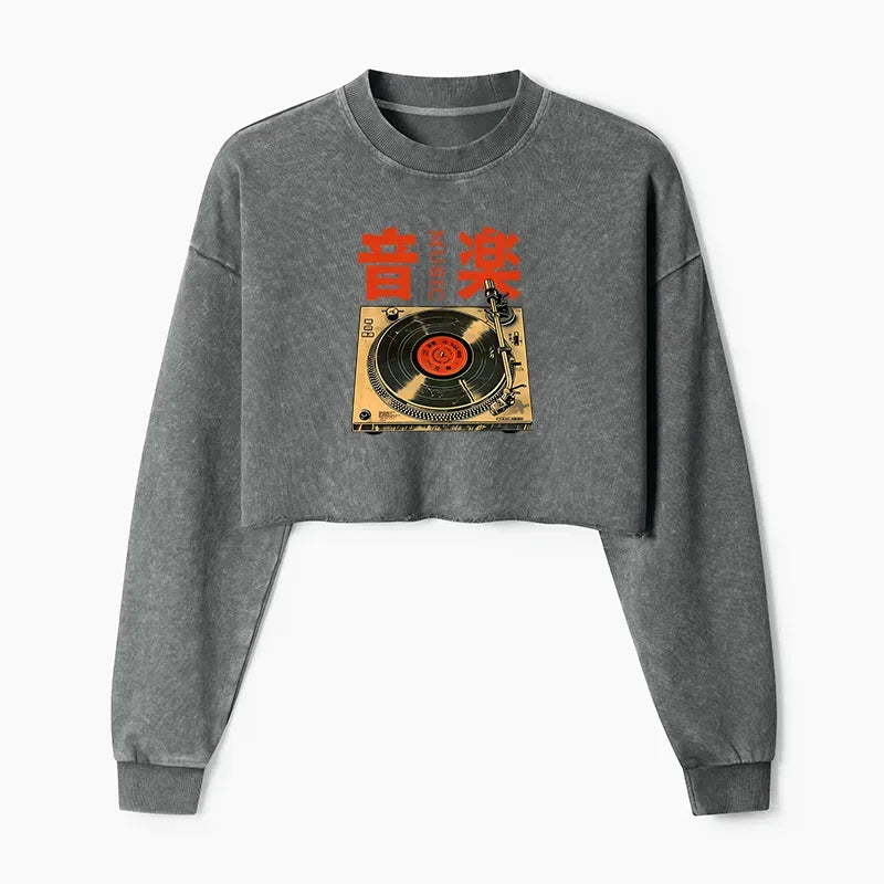 Japanese Retro Music Record Player Crop Sweatshirt