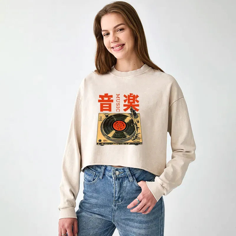 Japanese Retro Music Record Player Crop Sweatshirt