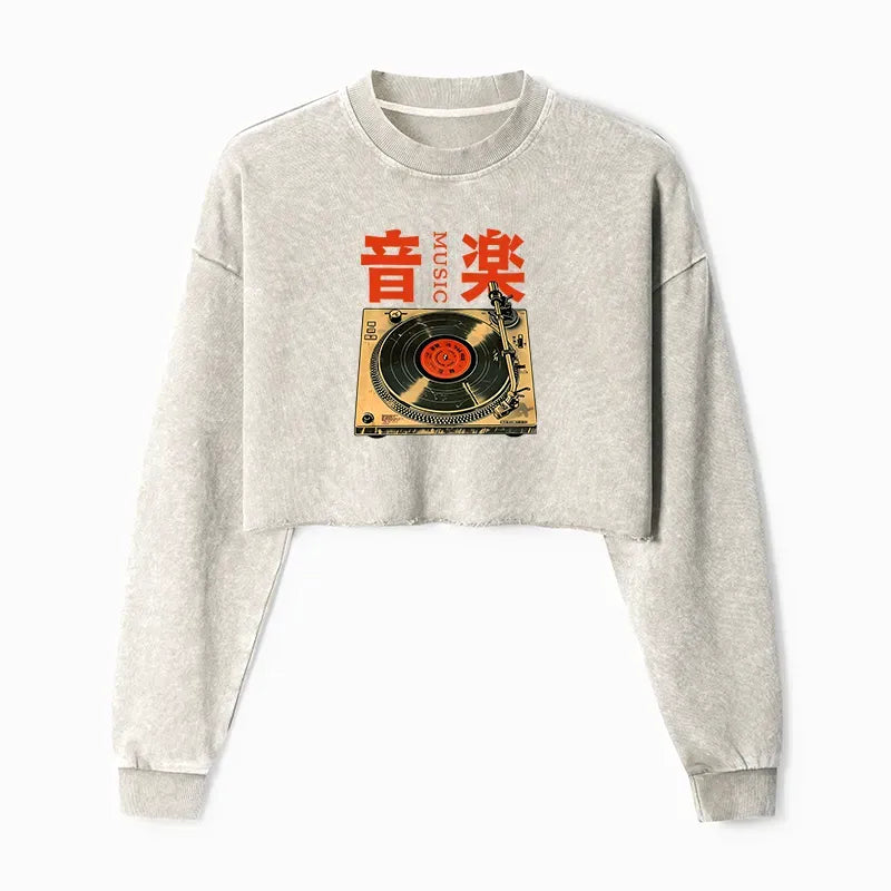 Kyoto-Lion Retro Music Record Player Washed Crop Sweatshirt