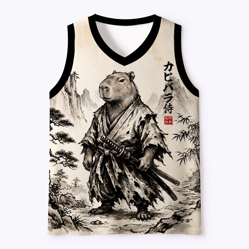 Kyoto-Lion Japanese Ink Art Capybara Samurai Mesh Tank Top