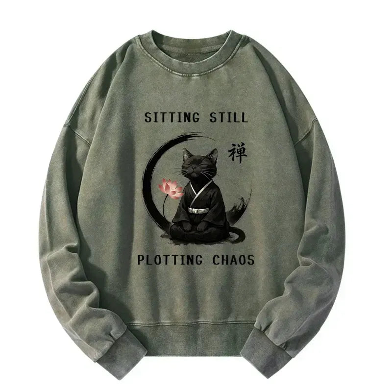 Kyoto-Lion Sitting still plotting chaos Calming Zen Cat Funny Washed Sweatshirt
