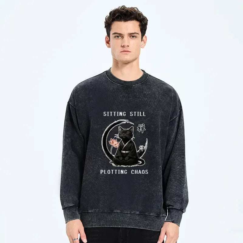 Funny Zen Cat Washed Sweatshirt for Daily Wear