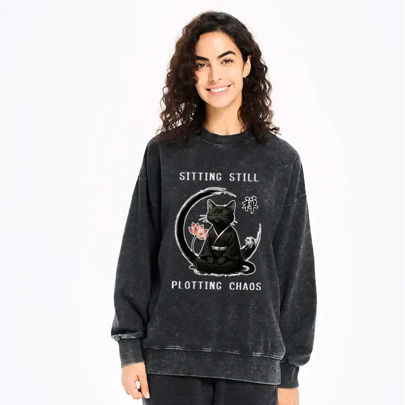 Funny Zen Cat Washed Sweatshirt for Daily Wear