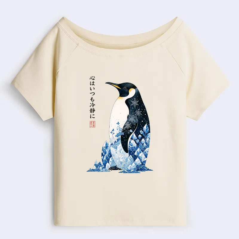 Kyoto-Lion Keep Calm Penguin Off Shoulder T-Shirt