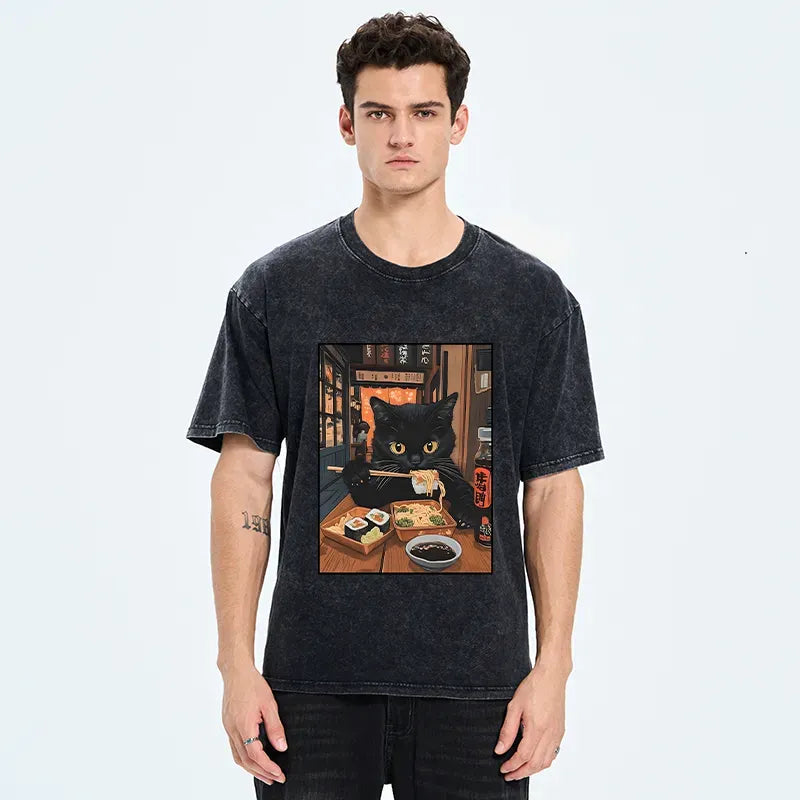 Kyoto-Lion Black Cat Eating At Sushi Restaurant Washed T-Shirt