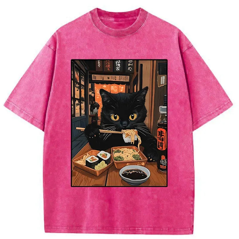 Kyoto-Lion Black Cat Eating At Sushi Restaurant Washed T-Shirt