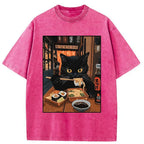Kyoto-Lion Black Cat Eating At Sushi Restaurant Washed T-Shirt