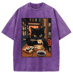 Kyoto-Lion Black Cat Eating At Sushi Restaurant Washed T-Shirt