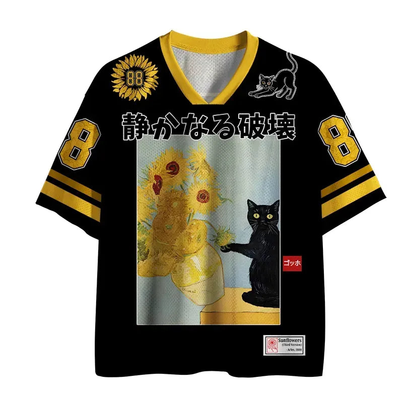 Kyoto-Lion Black Cat With Sunflowers Mesh Jersey