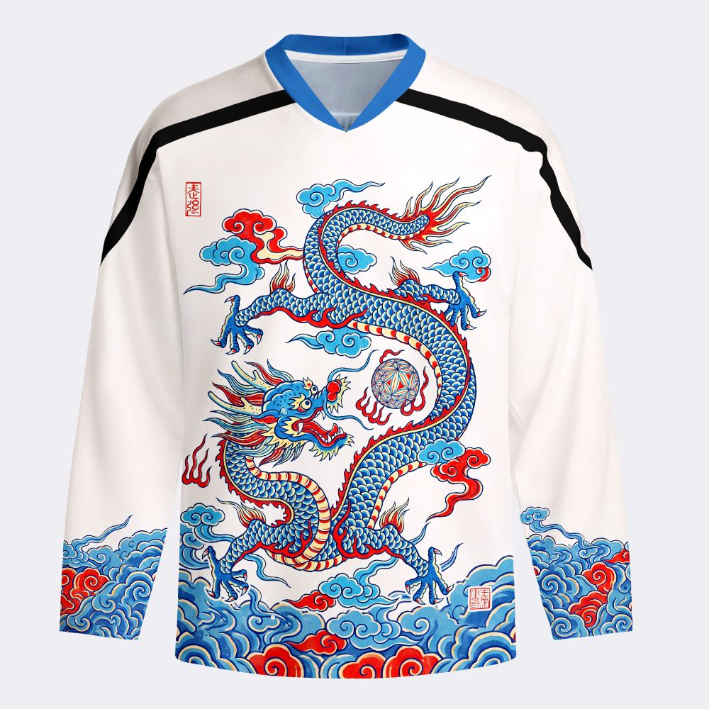 Kyoto-Lion Traditional Oriental Dragon Cloud Long-Sleeve Hockey Jersey