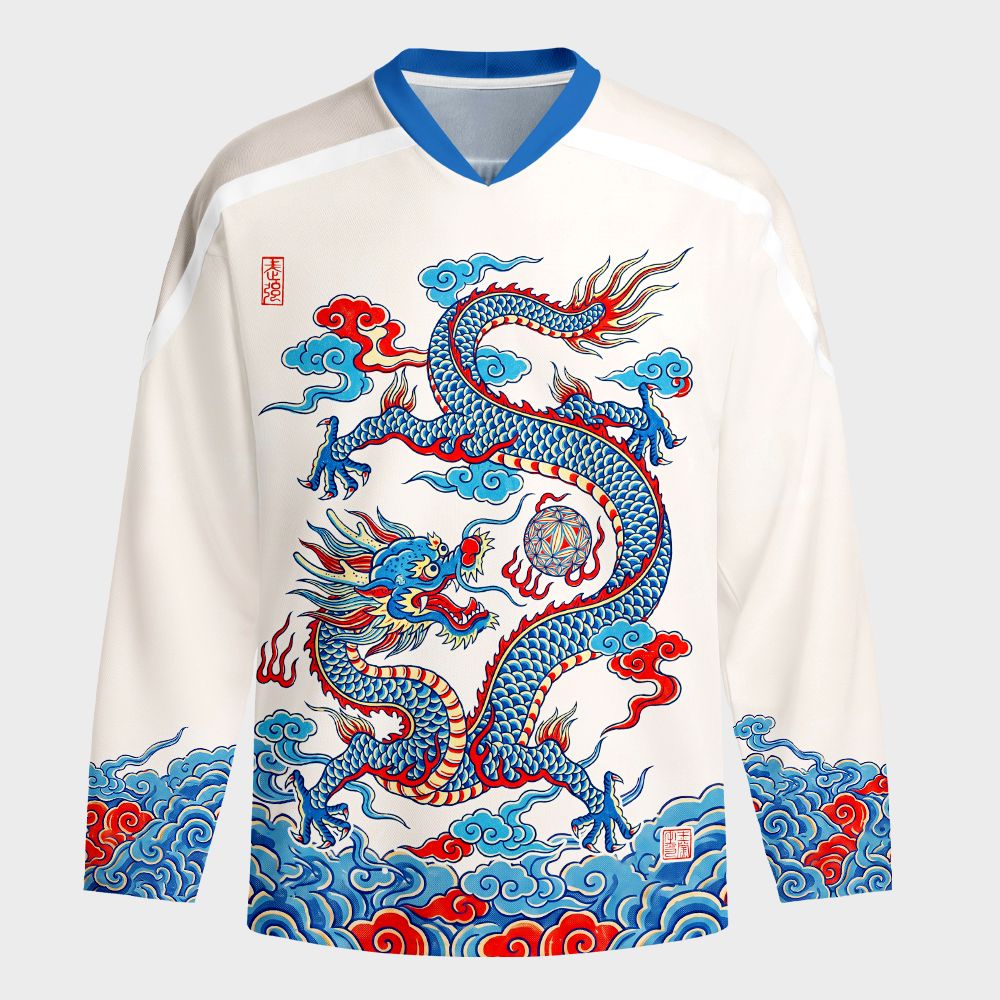 Kyoto-Lion Traditional Oriental Dragon Cloud Long-Sleeve Hockey Jersey