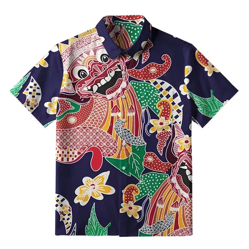 Japanese Demon Mask Button-up Shirt for Streetwear