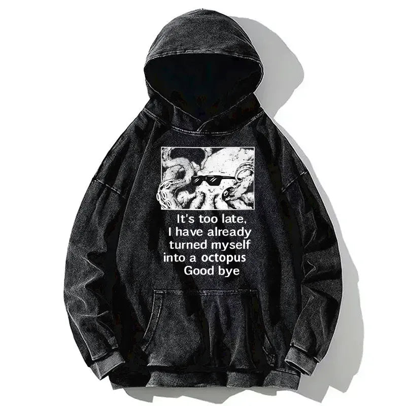 Washed Unisex Hoodie with Funny Octopus Print