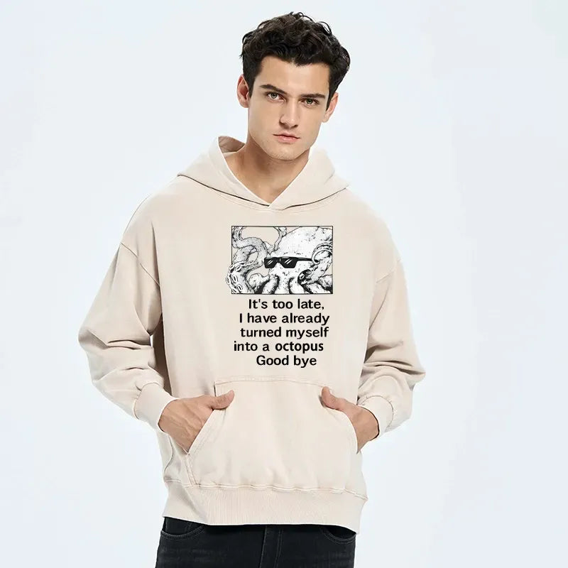 Washed Unisex Hoodie with Funny Octopus Print
