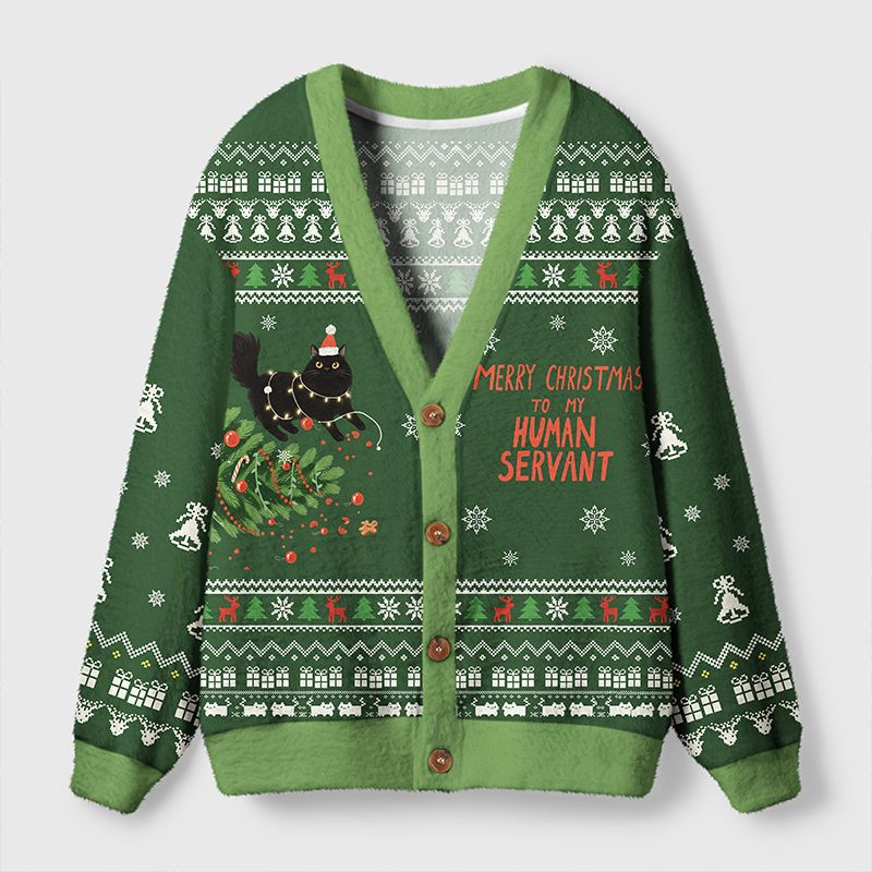 Kyoto-Lion Funny Cat: Merry Christmas To My Human Servant Ugly Cardigan Sweater