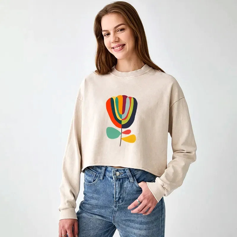 Colorful flower print crop sweatshirt for women