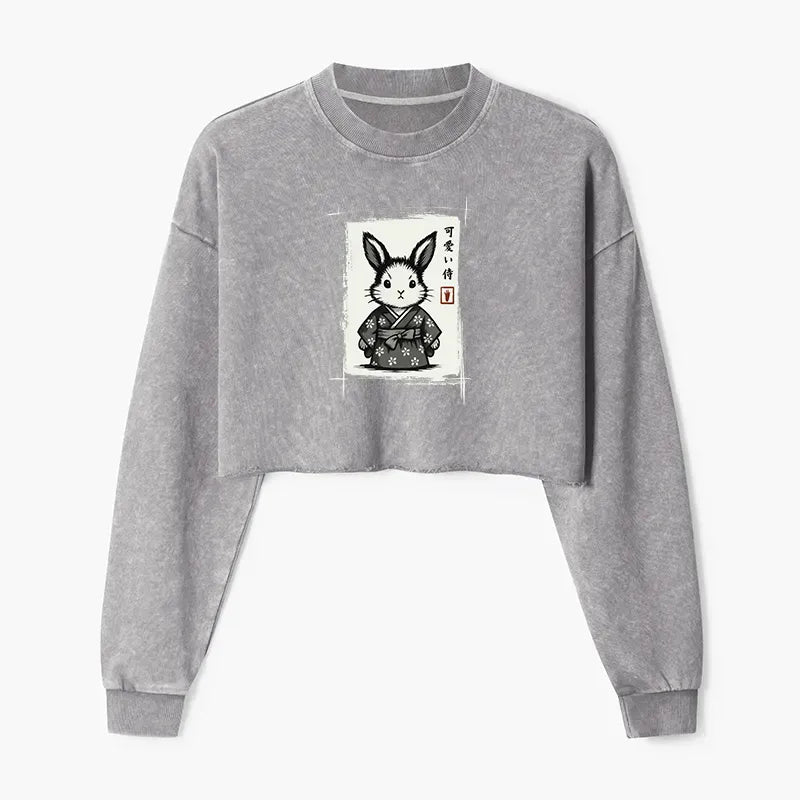 Kyoto-Lion Woodcut Bunny Washed Crop Sweatshirt