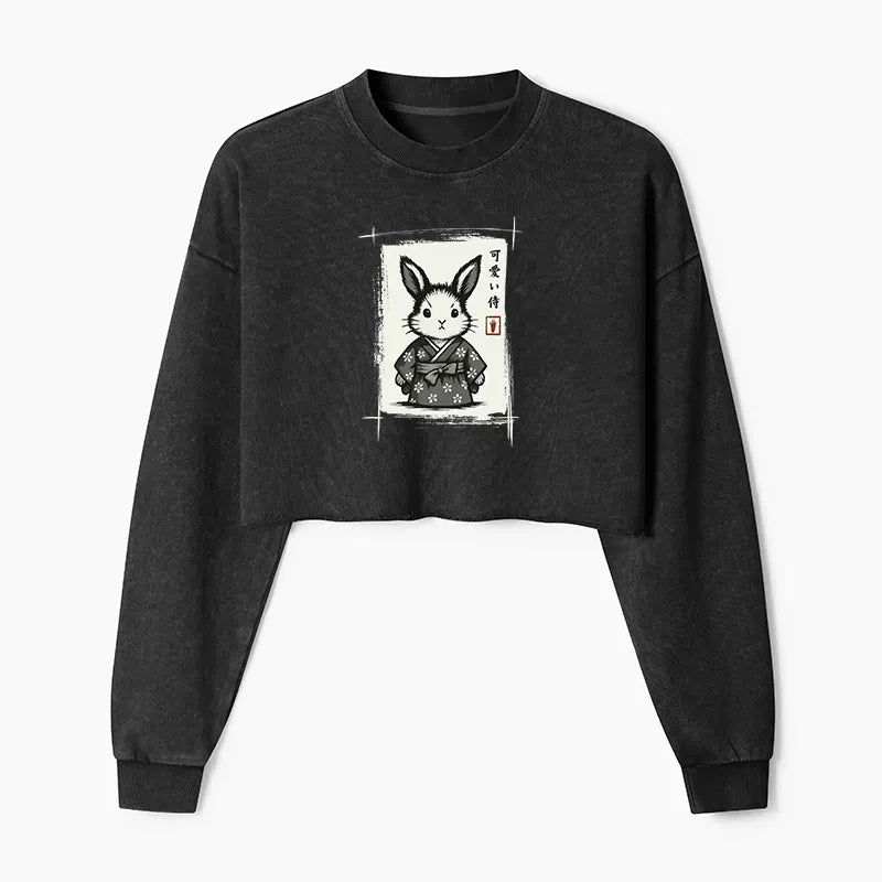Kyoto-Lion Woodcut Bunny Washed Crop Sweatshirt