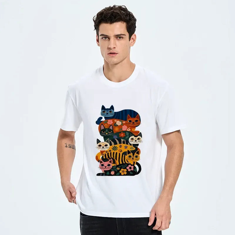 Kyoto-Lion Stacked Floral Cats Retro Art Print Classic T-Shirt